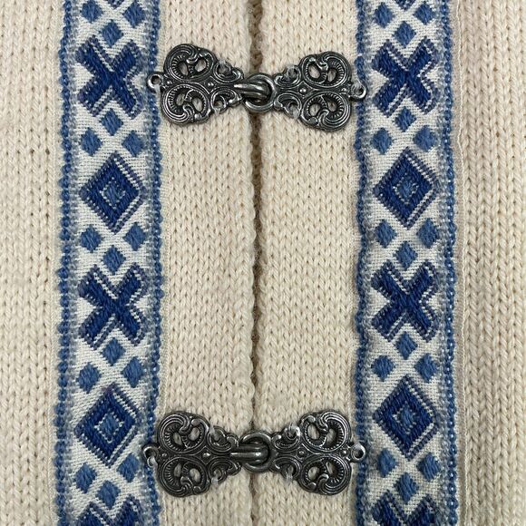 Dale of Norway Mens Cardigan Sweater sz L Fair Isle Wool Metal Clasps Blue White - Picture 7 of 11